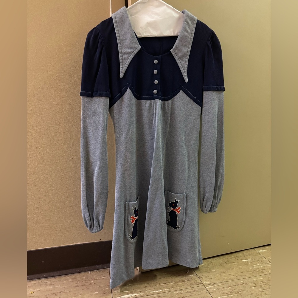 Navy & Light Blue Womens Vintage Handmade Dress w/ Pockets Wing Collar 60s *Read